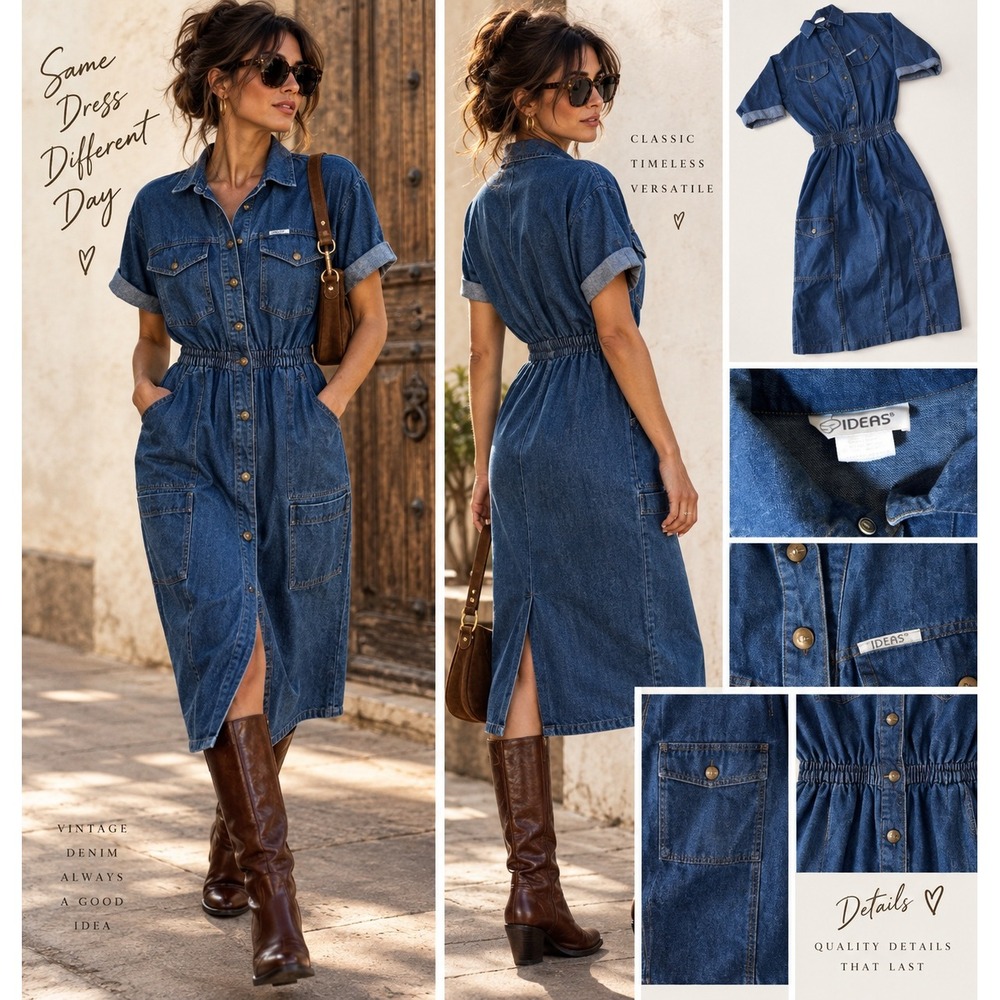 90s IDEAS Denim Utility Shirt Autumn Fall Dress‎ Button Snaps Pockets Midi M